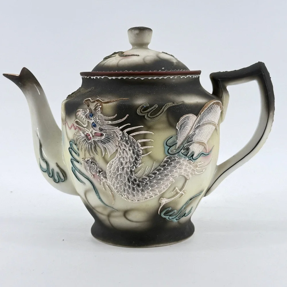 Moriage Dragon Teapot Raised Texture Decor Japan VTG Porcelain Large Black Cream